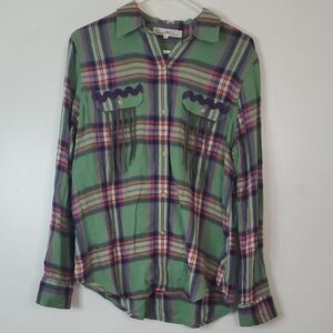 Cierra Lauren Plaid Fringe Embroidered Flannel Size Large Big Back Patch